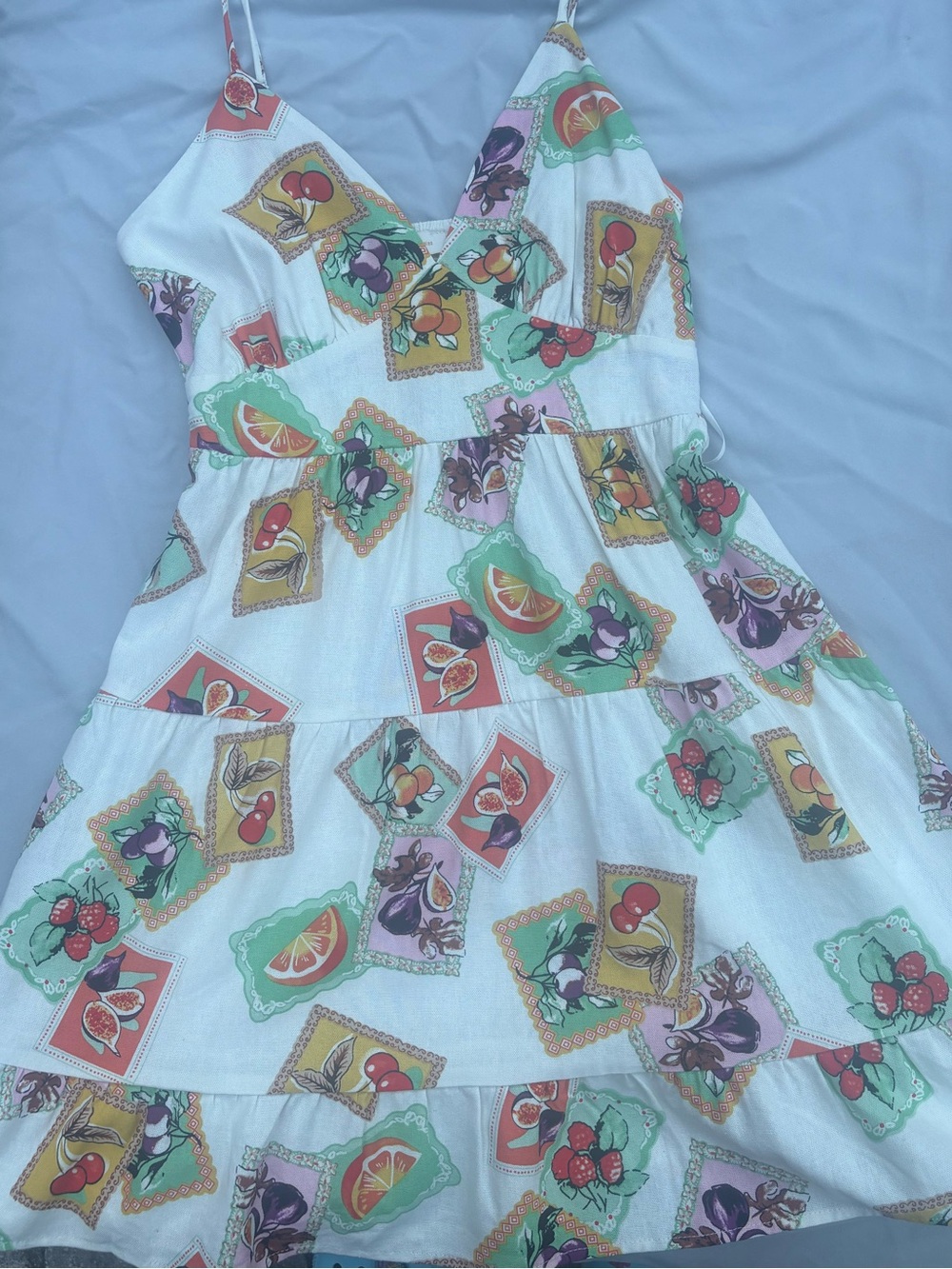 Monteau White Tiered Sundress with Fruit Postcard Print
